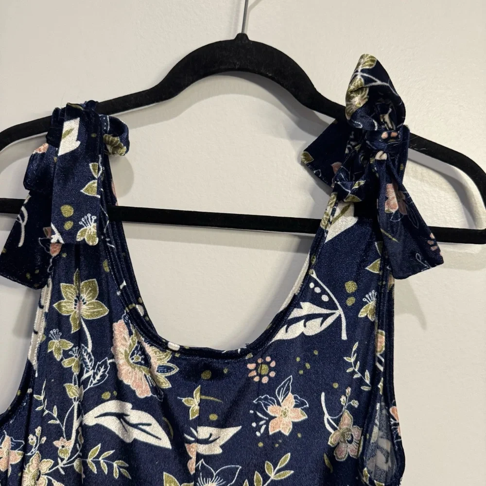 Earthbound Blue‎ Floral Sleeveless Velvet Wide Leg Stretch Jumpsuit Pockets